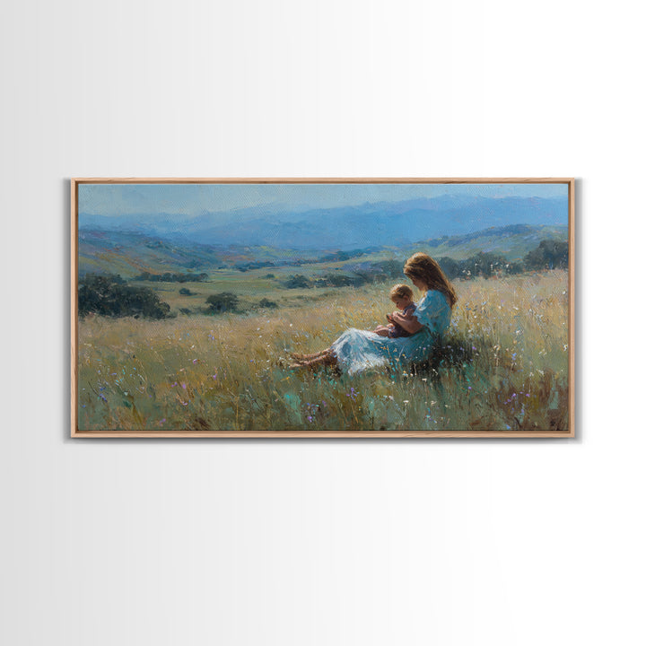Mother And Baby In Golden Meadow Wall Art, Impressionist Mountain Landscape Canvas Print, Nursery Decor, Housewarming Gift