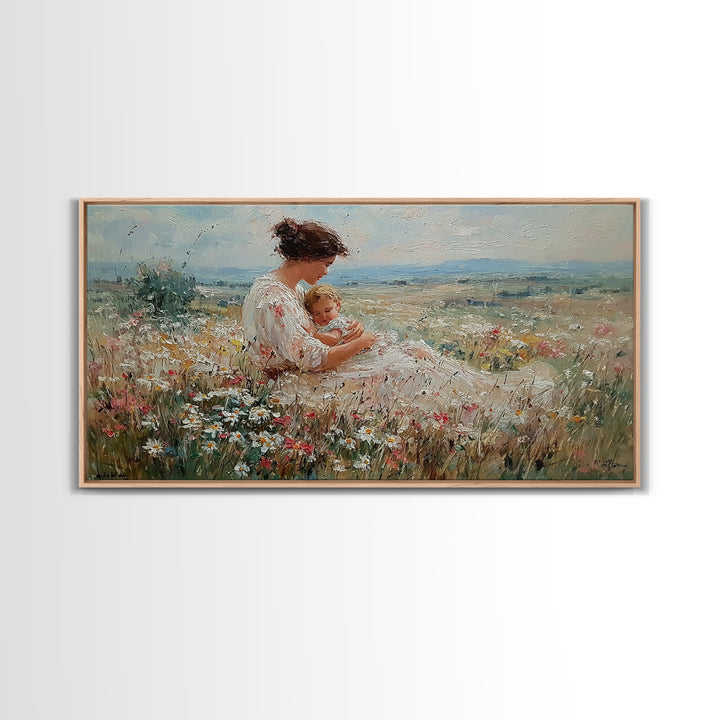 Mother Cuddling Baby In Daisy Meadow Wall Art, Textured Impressionist Canvas Print, Feminine Nursery Decor, Gift For Her