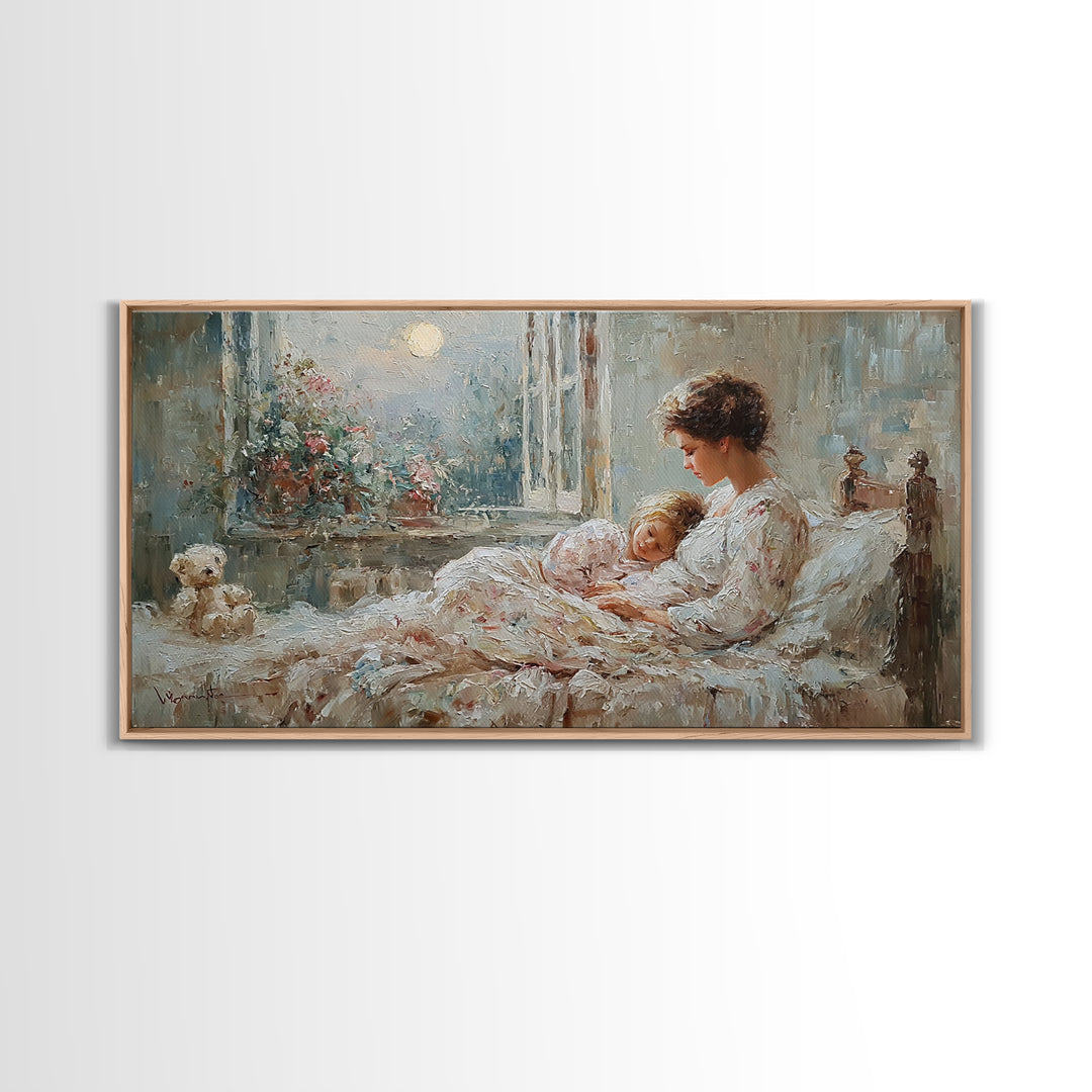 Mother And Child In Moonlit Bedroom Wall Art, Romantic Impressionist Canvas Print, Cozy Nursery Decor, Gift For Mom, Home Decor