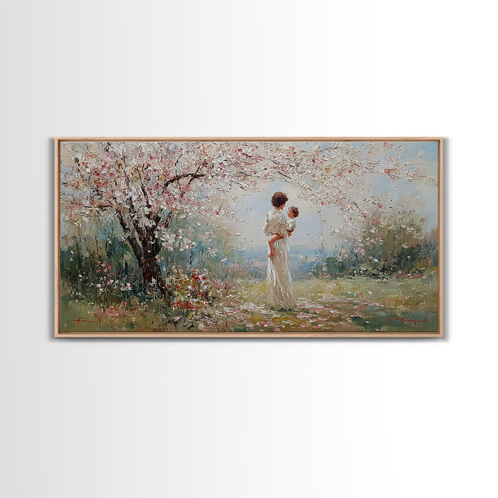 Mother And Baby Under Cherry Blossoms Wall Art, Spring Impressionist Landscape Canvas Print, Pink Floral Decor, Gift For Mom