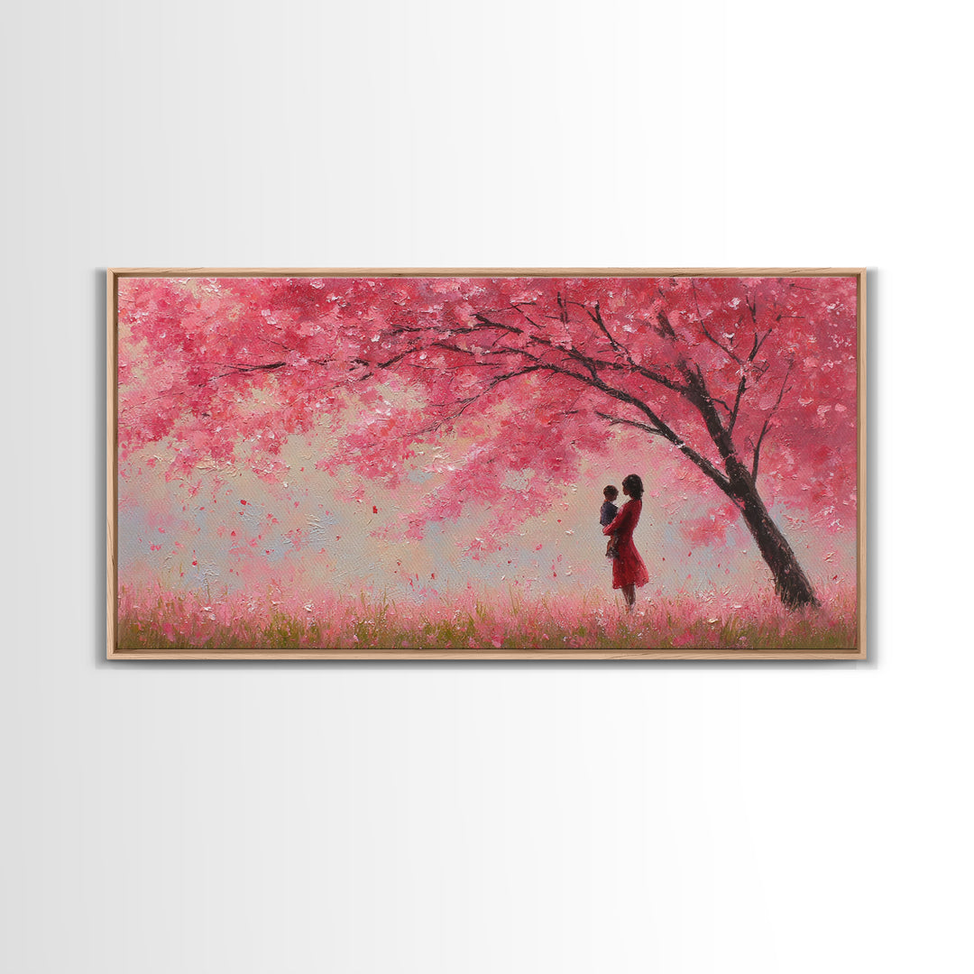 Mother And Baby Beneath Pink Cherry Tree Wall Art, Romantic Spring Landscape Canvas Print, Feminine Decor, Gift For Her, Home Decor