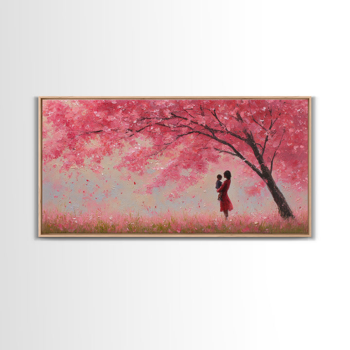 Mother And Baby Beneath Pink Cherry Tree Wall Art, Romantic Spring Landscape Canvas Print, Feminine Decor, Gift For Her, Home Decor