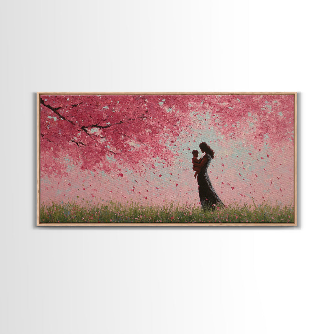 Mother And Child In Pink Blossom Rain Wall Art, Romantic Cherry Blossom Canvas Print, Feminine Bedroom Decor, Gift For Mom