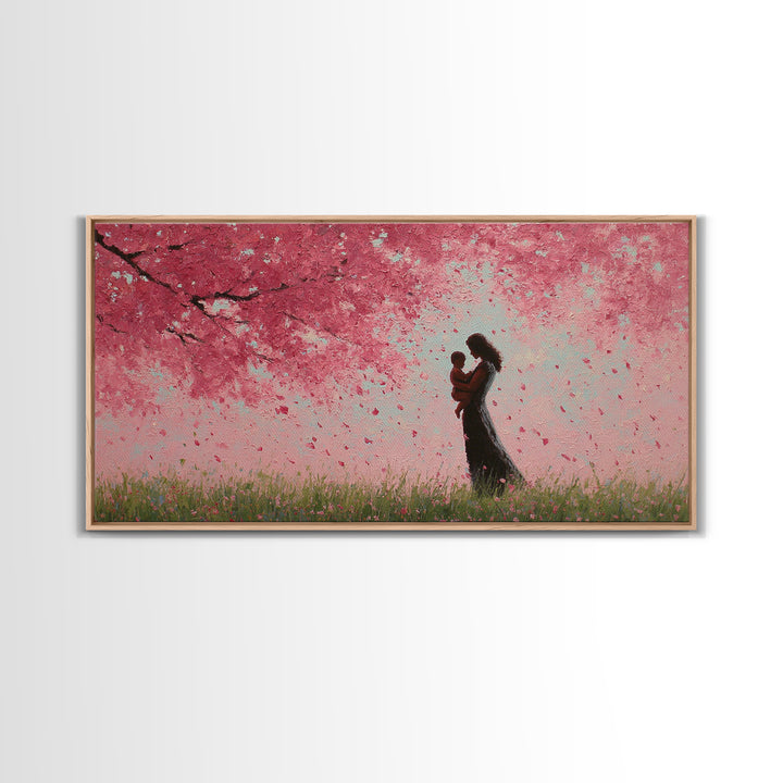 Mother And Child In Pink Blossom Rain Wall Art, Romantic Cherry Blossom Canvas Print, Feminine Bedroom Decor, Gift For Mom