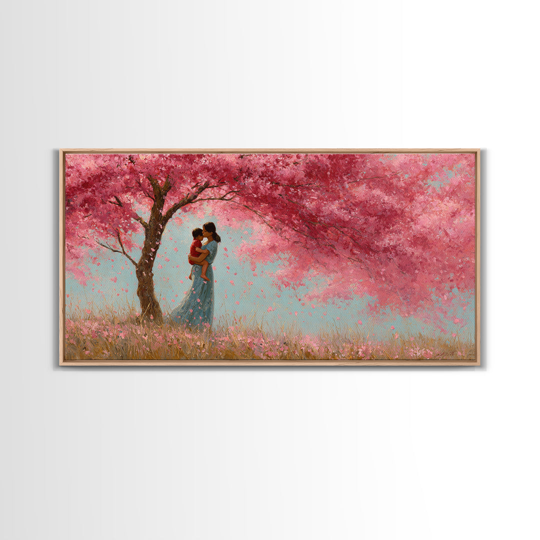 Black Mother And Baby Under Pink Blossoms Wall Art, Angelic Nursery Decor, Feminine Bedroom Print, Gift For Mom, Living Room Decor