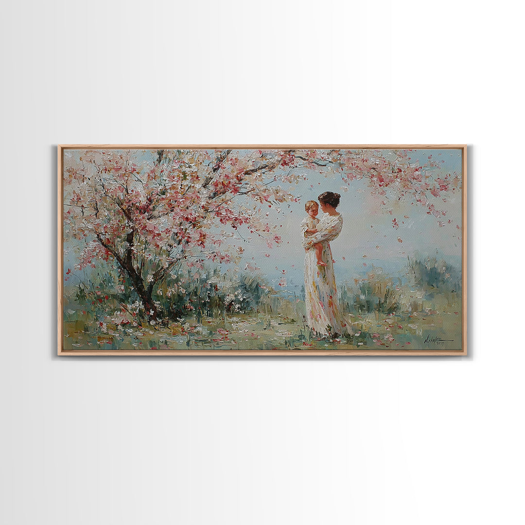 Impressionist Mother Holding Baby Framed Canvas Print, Cherry Blossom Nursery Wall Art, Spring Home Decor, Gift For Her, Mom