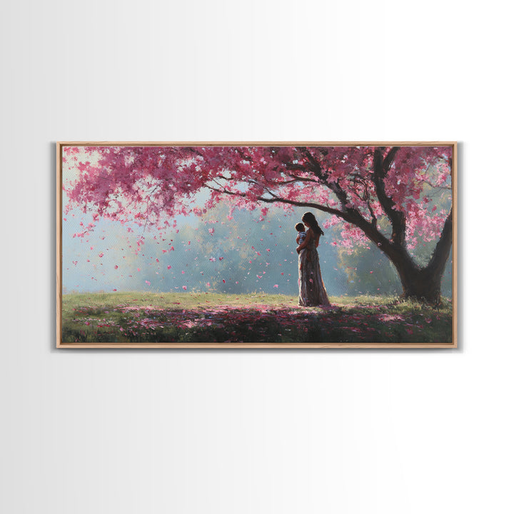 Mother And Child Beneath Pink Cherry Tree Canvas Print, Angelic Wall Art, Nursery Decor, Romantic Bedroom Art, Gift For Mom