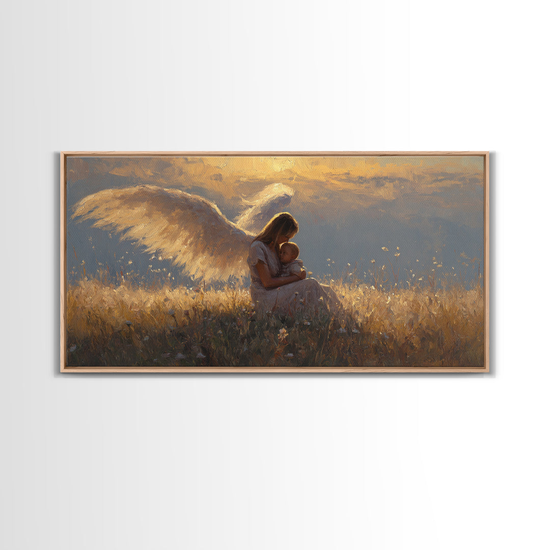 Golden Angel Mother Cuddling Baby Wall Art, Spiritual Canvas Print, Christian Nursery Decor, Calming Bedroom Art, Gift For Mom