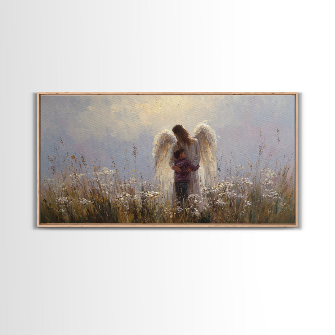 Guardian Angel Embracing Young Boy Wall Art, Christian Framed Canvas Print, Spiritual Nursery Decor, Sympathy Gift For Him