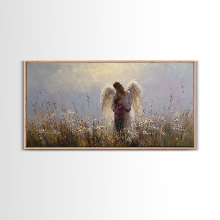 Guardian Angel Embracing Young Boy Wall Art, Christian Framed Canvas Print, Spiritual Nursery Decor, Sympathy Gift For Him