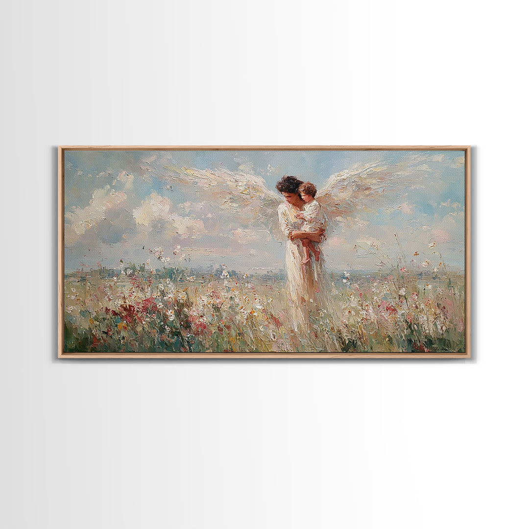 Angel Mother Holding Baby In Flower Meadow Canvas Print, Christian Wall Art, Heavenly Nursery Decor, Baby Shower Gift For New Mom