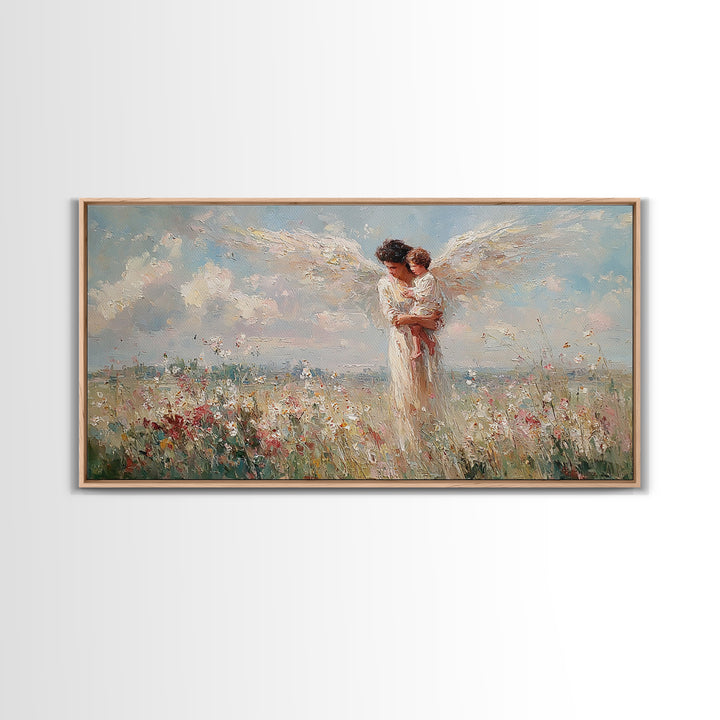 Angel Mother Holding Baby In Flower Meadow Canvas Print, Christian Wall Art, Heavenly Nursery Decor, Baby Shower Gift For New Mom