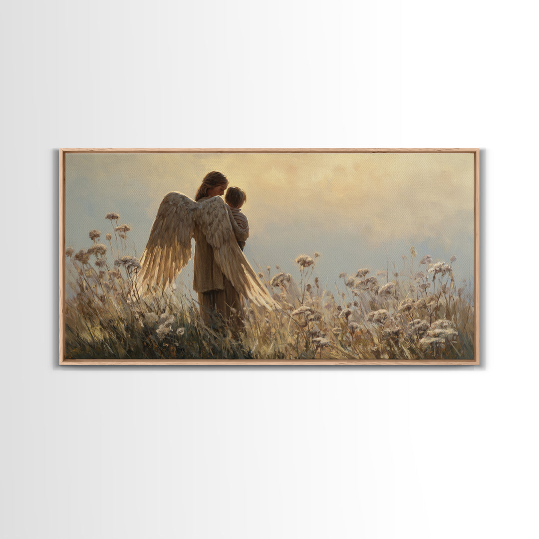 Guardian Angel And Child In Golden Meadow Framed Canvas Print, Christian Wall Art, Nursery Decor, Housewarming Gift, Above Bed Art
