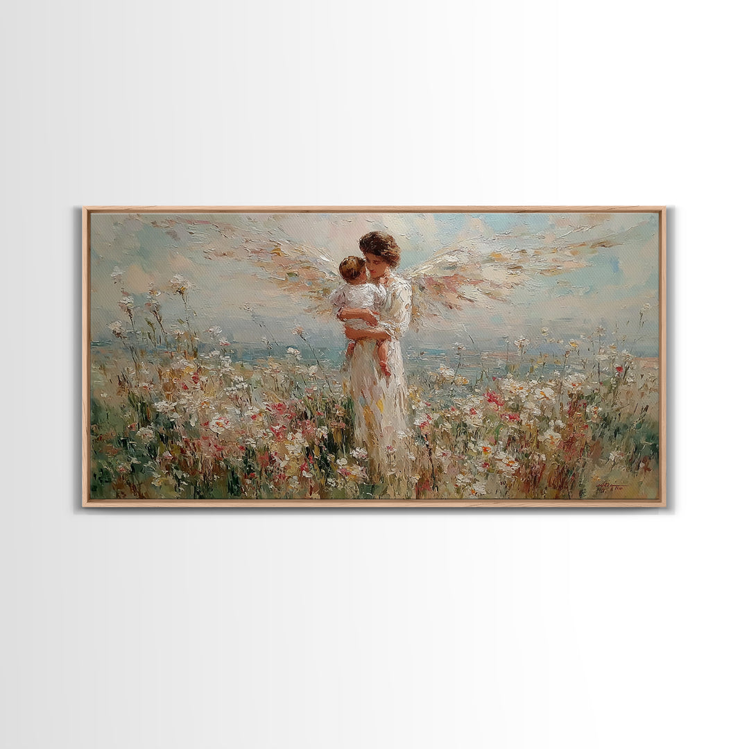 Angel Mother Holding Baby In Wildflower Meadow Canvas Print, Christian Wall Art, Floral Wall Art, Nursery Decor, Gift For Her