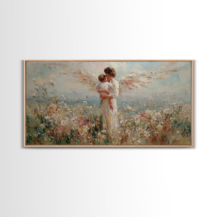 Angel Mother Holding Baby In Wildflower Meadow Canvas Print, Christian Wall Art, Floral Wall Art, Nursery Decor, Gift For Her