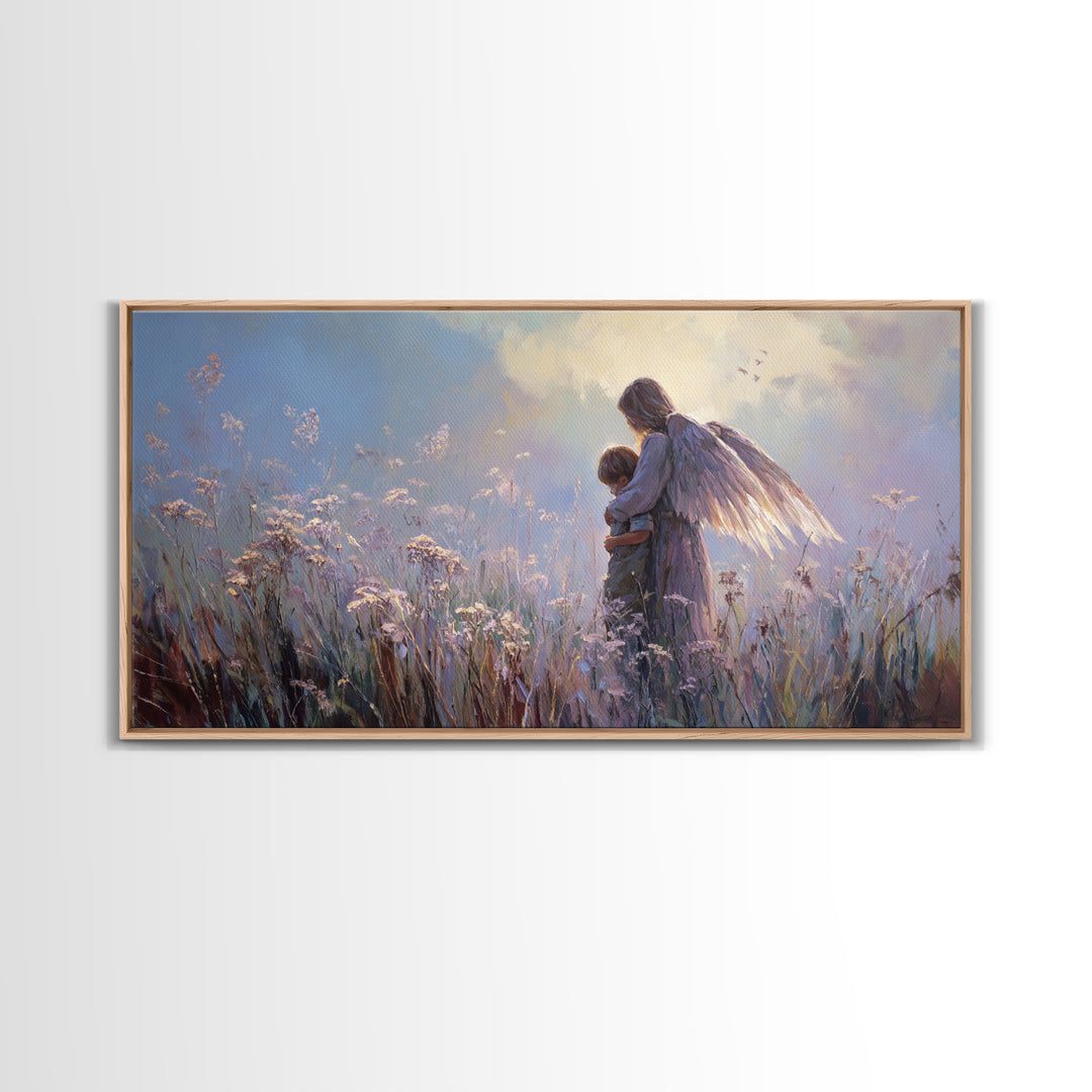 Luminous Guardian Angel With Child In Blue Meadow Canvas Print, Christian Wall Art, Nursery Wall Art, Calming Bedroom Decor