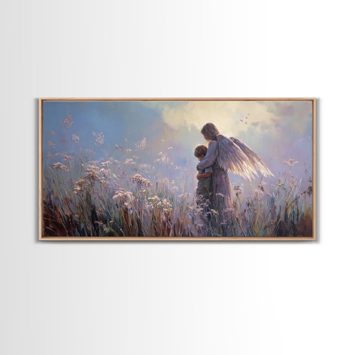 Luminous Guardian Angel With Child In Blue Meadow Canvas Print, Christian Wall Art, Nursery Wall Art, Calming Bedroom Decor