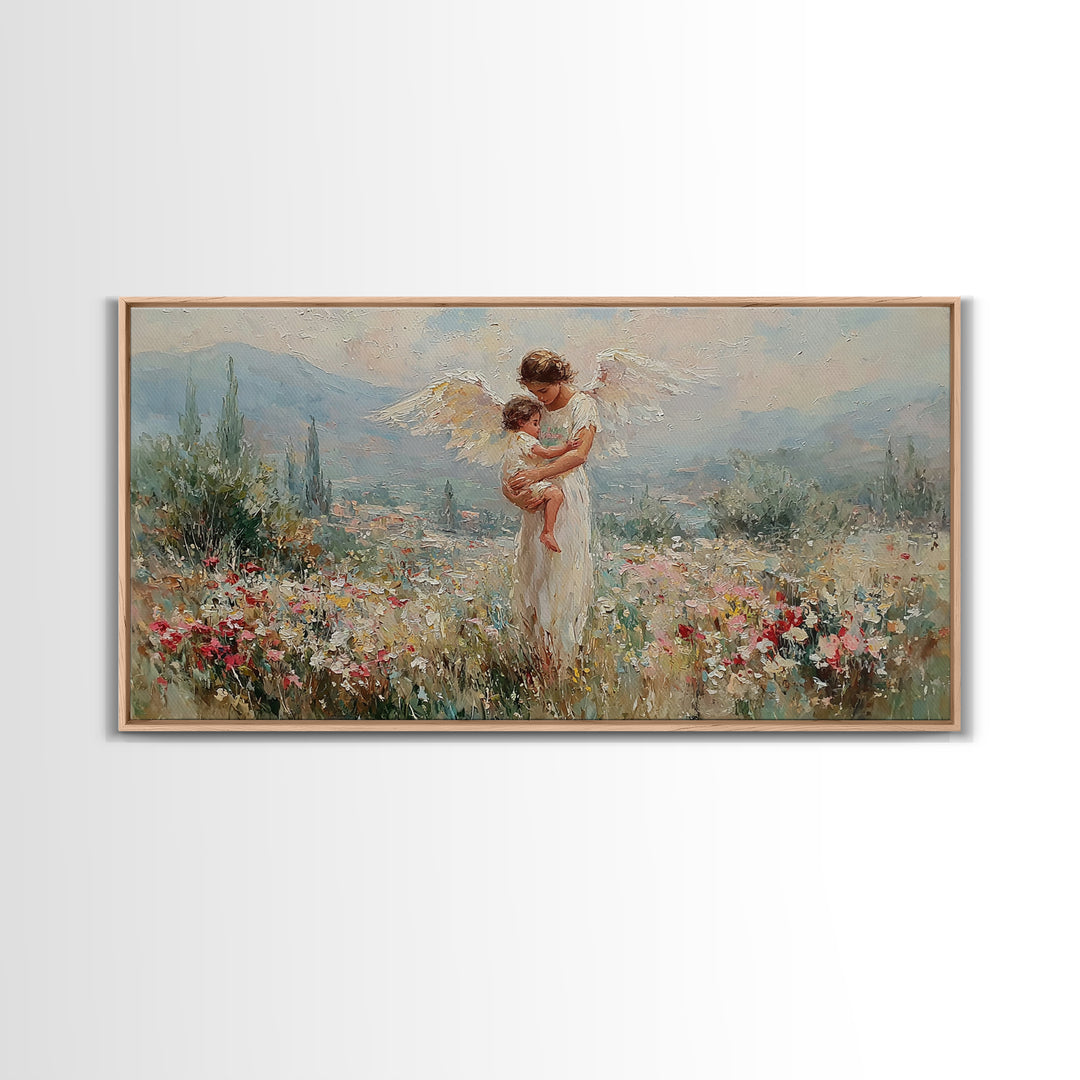 Angel And Baby In Mountain Wildflower Valley Framed Canvas Print, Christian Wall Art, Floral Wall Art, Living Room Decor