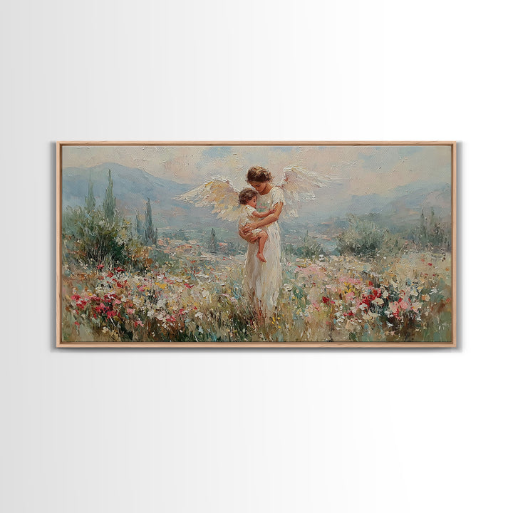 Angel And Baby In Mountain Wildflower Valley Framed Canvas Print, Christian Wall Art, Floral Wall Art, Living Room Decor