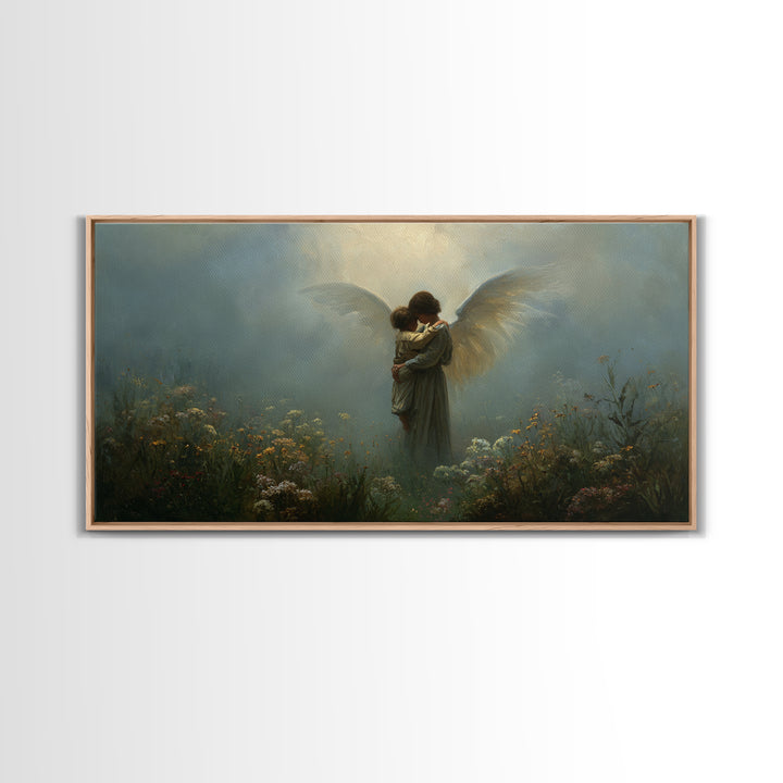 Moody Guardian Angel Embracing Child In Misty Garden Wall Art, Christian Wall Decor, Dark Academia, Housewarming Gift, Bedroom Wall Decor