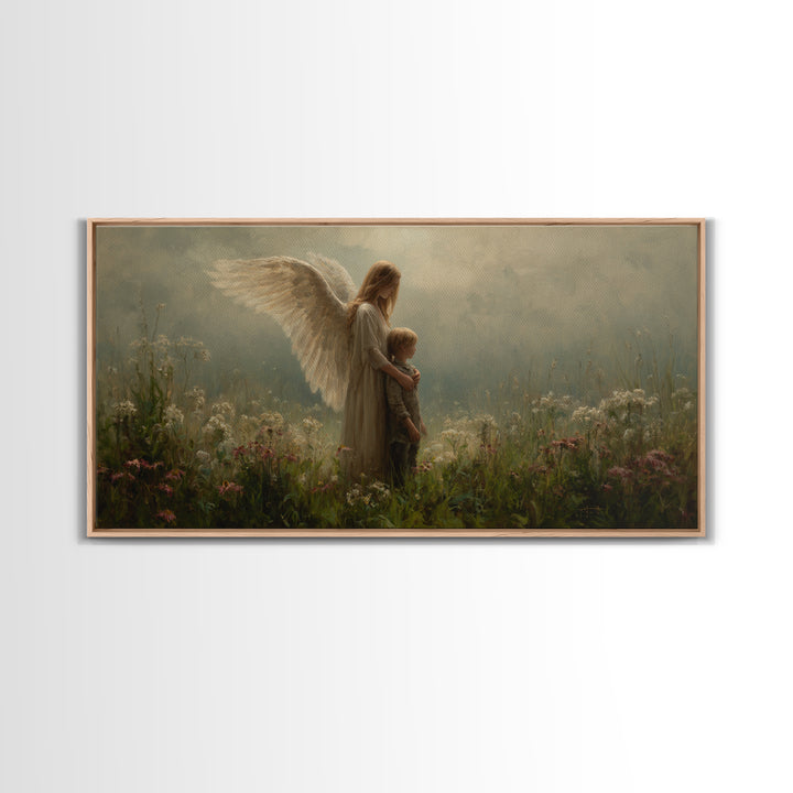 Soft Winged Angel And Child In Misty Meadow Canvas Print, Christian Wall Art, Neutral Wall Art, Nursery Decor, Gift For Mom