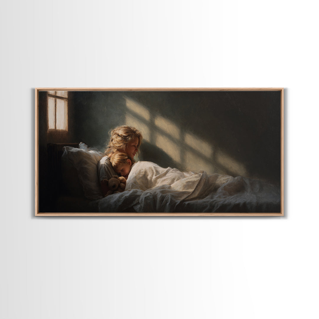 Children Sleeping With Teddy In Sunlit Bedroom Wall Art, Cozy Bedroom Decor, Dark Academia, Nursery Art, Housewarming Gift
