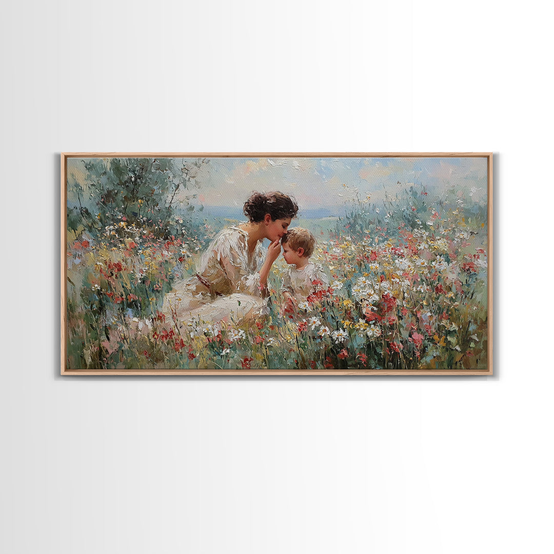 Mother And Child In Wildflower Garden Framed Canvas Print, Floral Wall Art, Christian Wall Art, Living Room Decor, Gift For Her
