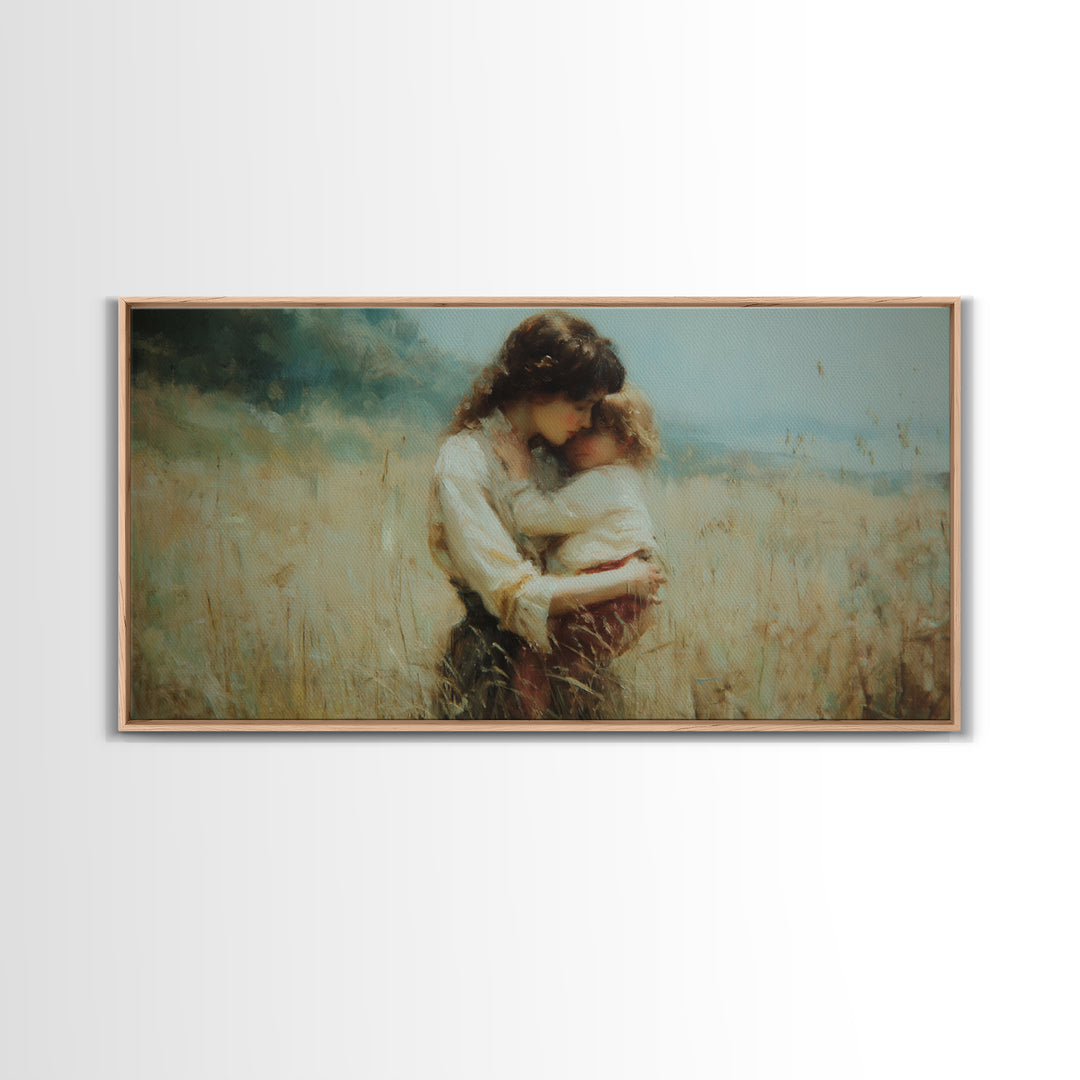 Tender Mother And Child Embrace In Golden Meadow Wall Art, Moody Impressionist Oil Painting, Neutral Bedroom Decor, Gift For Mom