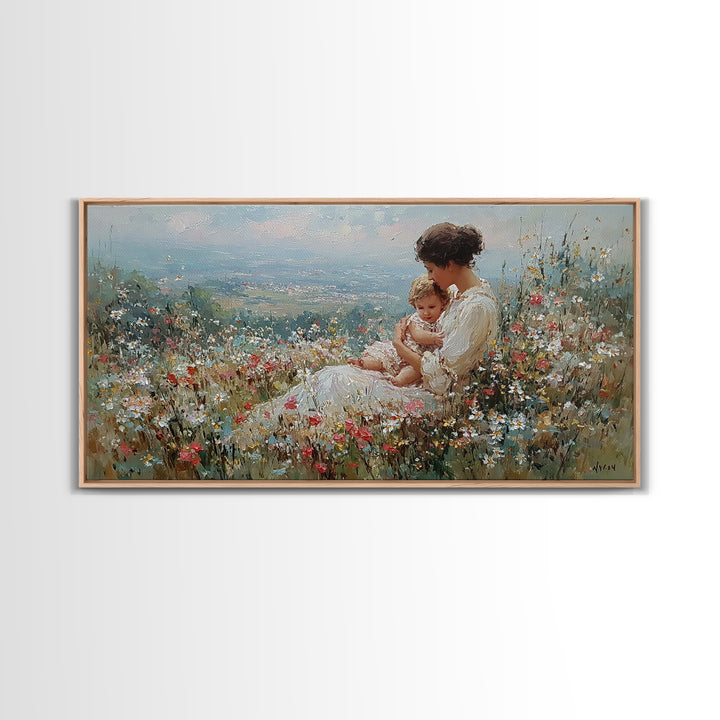 Mother Holding Baby In Wildflower Meadow Canvas Print, Impressionist Floral Landscape, Nursery Wall Art, Housewarming Gift