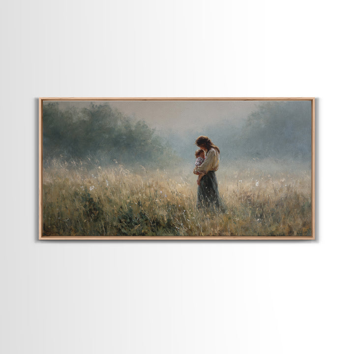 Mother And Child Standing In Misty Meadow Framed Canvas Print, Serene Landscape Painting, Neutral Wall Art, Calming Decor