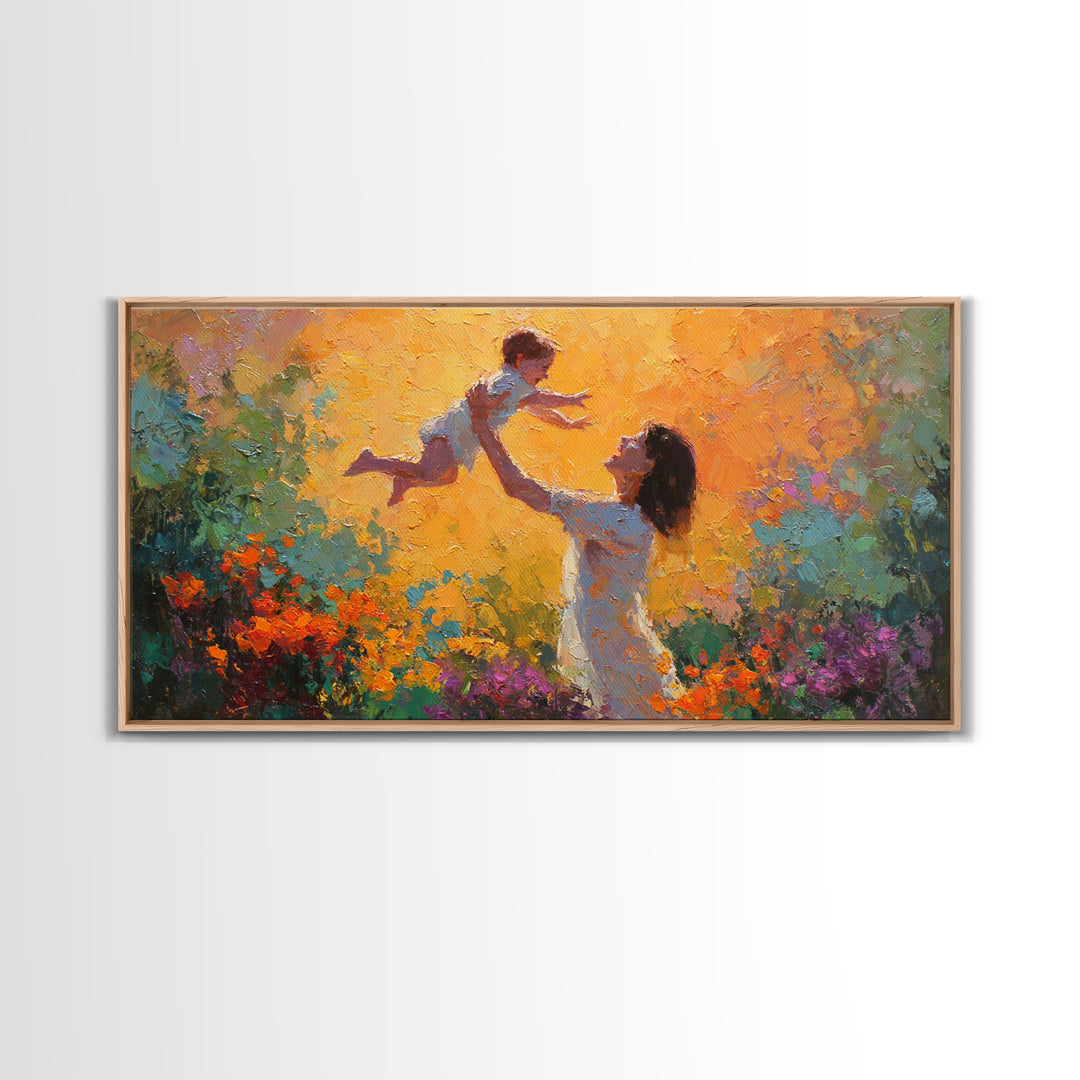 Mother Lifting Child In Glowing Sunset Garden Canvas Print, Colorful Impressionist Painting, Joyful Family Wall Art, Gift For Mom