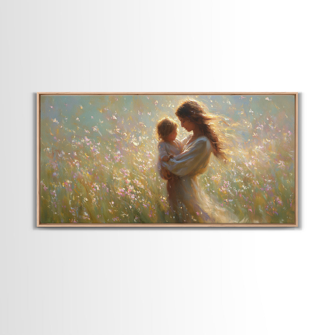 Sunlit Mother And Child In Wildflower Meadow Wall Art, Impressionist Meadow Canvas, Feminine Bedroom Decor, Gift For Mom