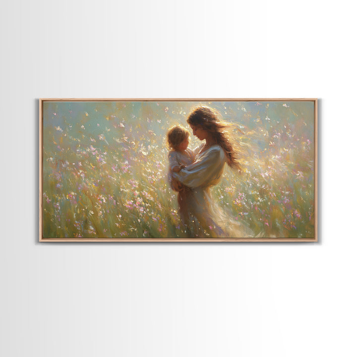 Sunlit Mother And Child In Wildflower Meadow Wall Art, Impressionist Meadow Canvas, Feminine Bedroom Decor, Gift For Mom