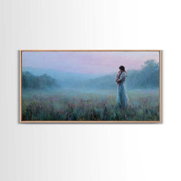 Misty Mother And Baby Meadow Wall Art, Moody Blue Landscape Canvas Print, Calming Bedroom Nursery Decor, Gift For Mom And Her