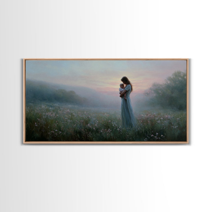 Misty Mother And Baby Meadow Wall Art, Impressionist Wildflower Landscape Print, Serene Nursery Decor, Gift For Mom, Home Decor