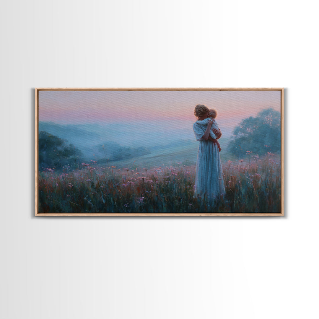 Mother Holding Baby At Pink Dusk Canvas Print, Misty Wildflower Meadow Wall Art, Nursery Decor, Gift For Mom, Serene Bedroom Decor