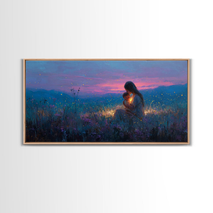 Moonlit Mother And Baby Firefly Wall Art, Celestial Wildflower Meadow Canvas Print, Magical Nursery Decor, Gift For Mom, Home Decor