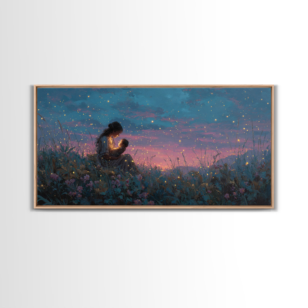 Starlit Mother Nursing Baby Meadow Wall Art, Firefly Night Landscape Canvas Print, Celestial Nursery Decor, Gift For Mom