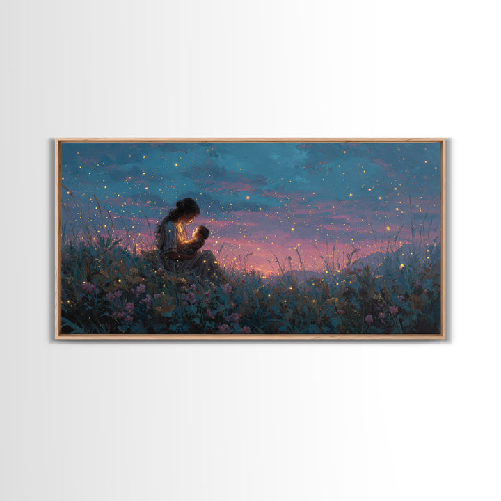 Starlit Mother Nursing Baby Meadow Wall Art, Firefly Night Landscape Canvas Print, Celestial Nursery Decor, Gift For Mom