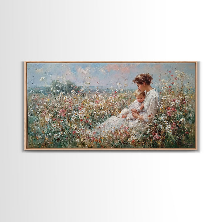 Mother And Baby In Coastal Wildflower Meadow Wall Art, Impressionist Framed Canvas Print, Nursery Decor, Gift For Mom, Home Decor