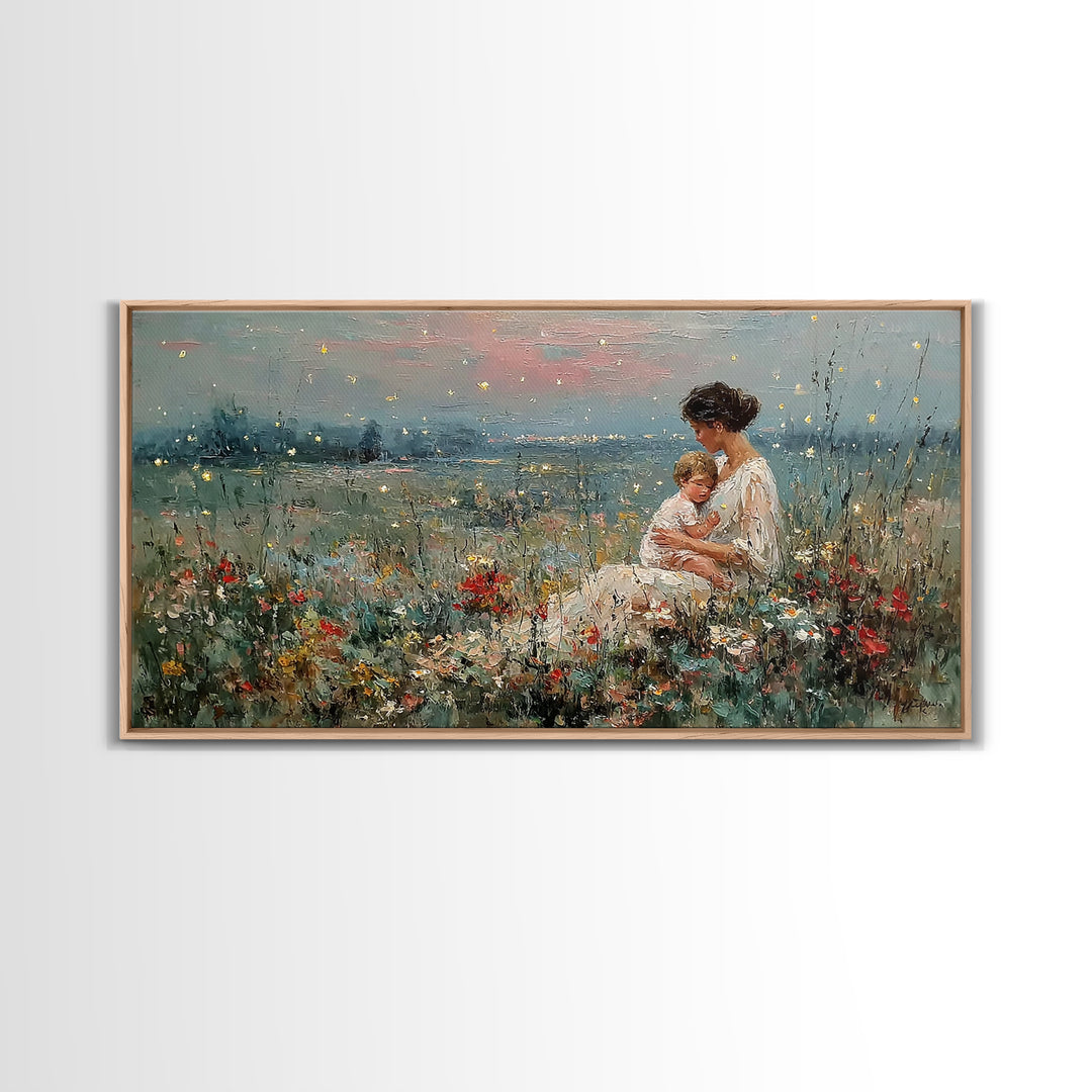 Golden Firefly Mother And Baby Meadow Canvas Print, Serene Lakeside Wall Art, Impressionist Nursery Decor, Gift For Mom, Home Decor