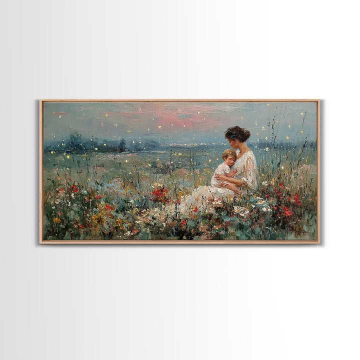 Golden Firefly Mother And Baby Meadow Canvas Print, Serene Lakeside Wall Art, Impressionist Nursery Decor, Gift For Mom, Home Decor