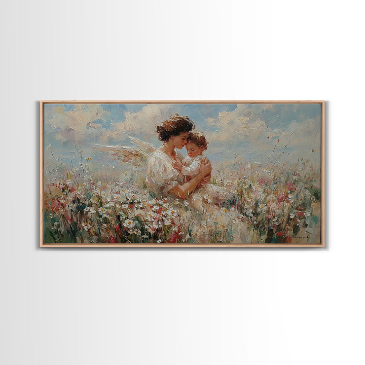 Mother Embracing Child In Daisy Meadow Framed Canvas Print, Impressionist Floral Wall Art, Nursery Decor, Gift For Mom, Home Decor