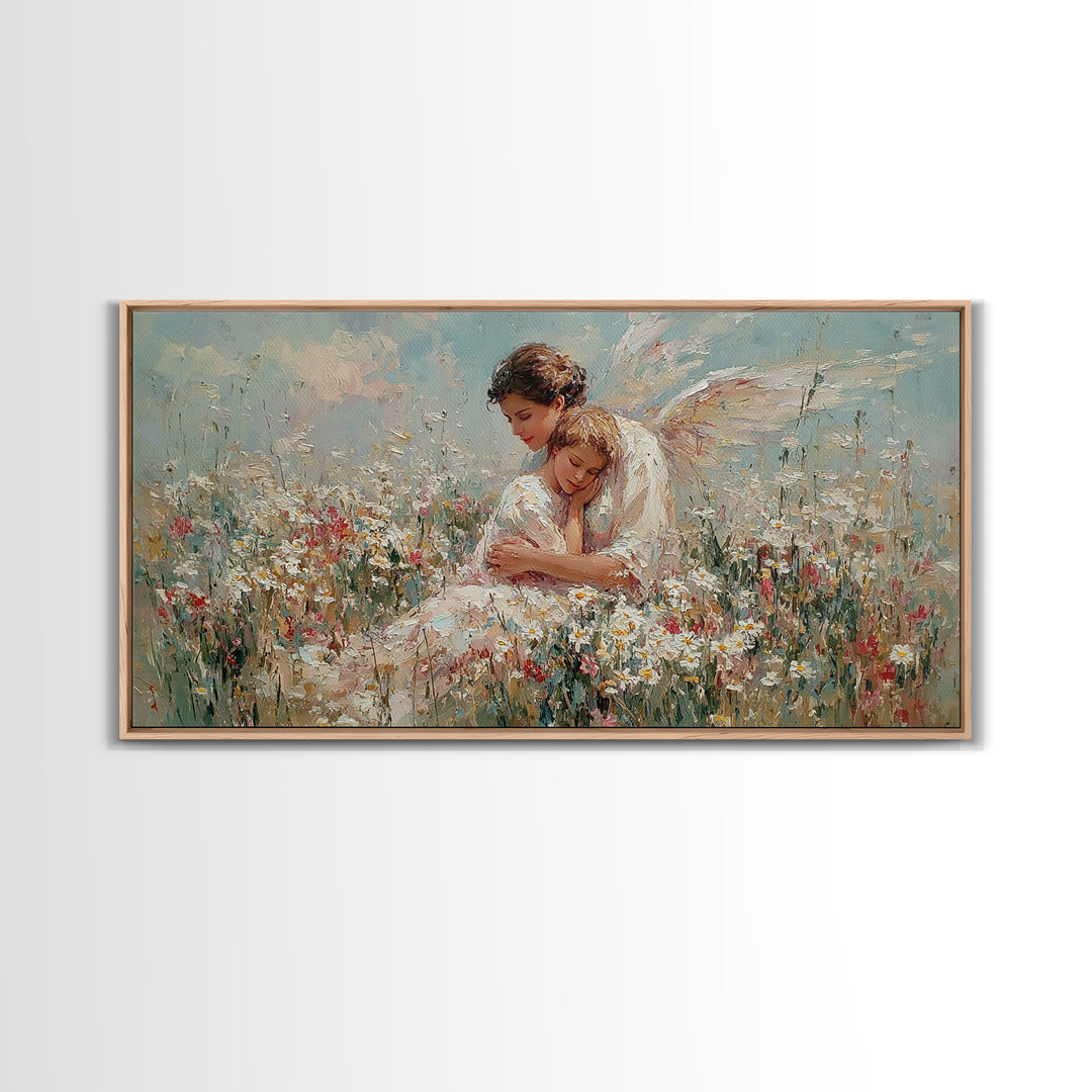 Guardian Angel And Child In Wildflower Meadow Framed Canvas Print, Christian Nursery Wall Art, Motherhood Gift Home Decor