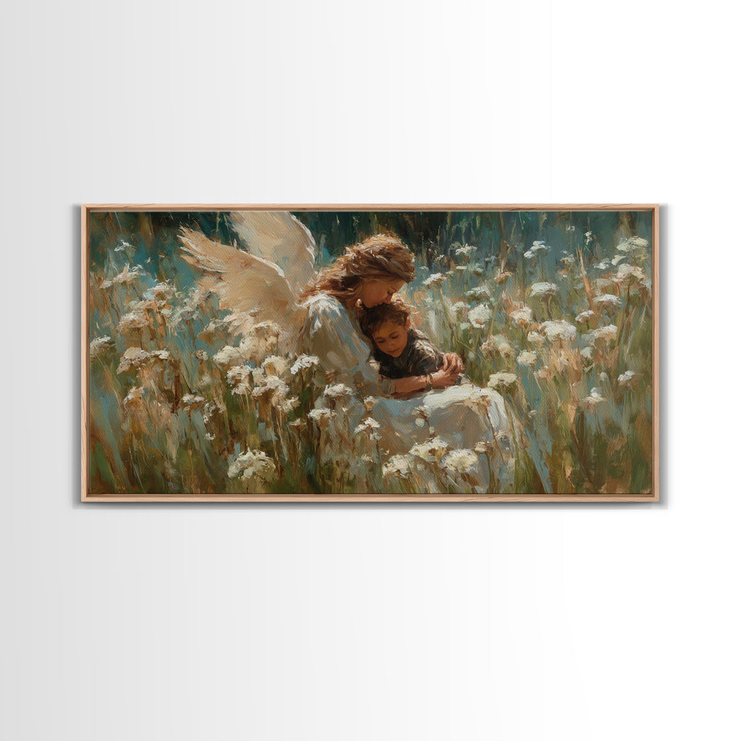Protective Angel Embracing Child In White Flower Field Framed Canvas Print, Christian Wall Art, Nursery Decor Housewarming Gift