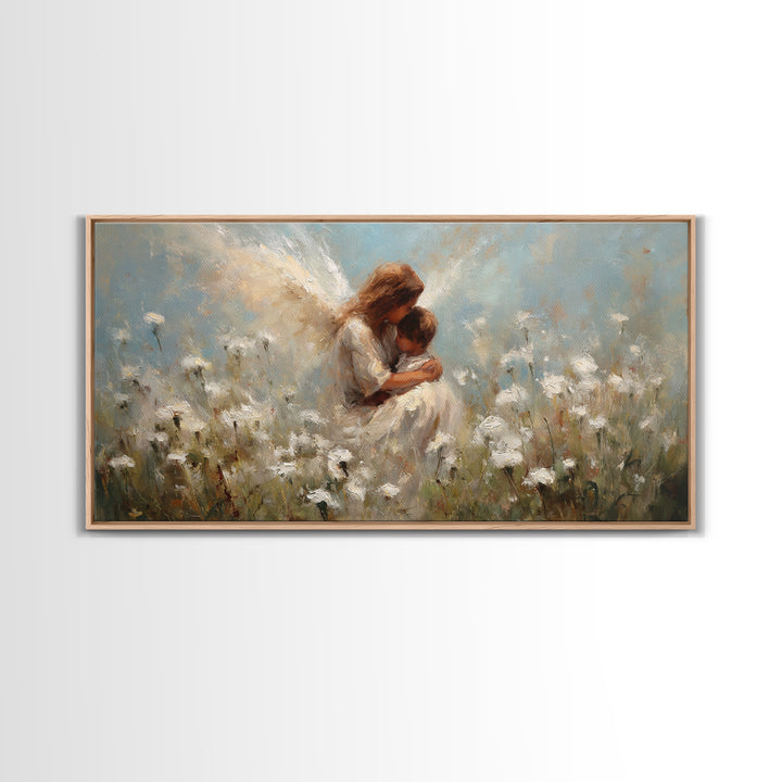 Tender Angel Holding Baby In White Wildflower Meadow Canvas Print, Christian Wall Art, Nursery Home Decor, Motherhood Gift