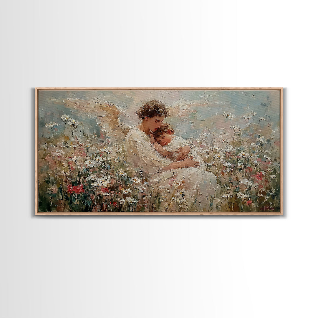 Seated Guardian Angel Cradling Sleeping Baby In Floral Meadow Wall Art, Christian Nursery Decor, Motherhood Gift For Her