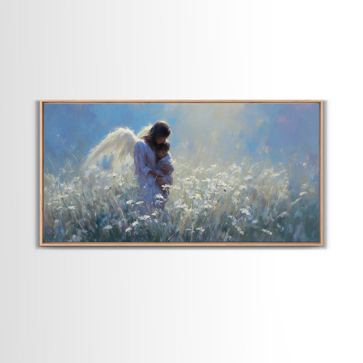 Angel Mother Holding Child In Moonlit White Meadow Framed Canvas Print, Christian Wall Art, Calming Nursery Home Decor Gift