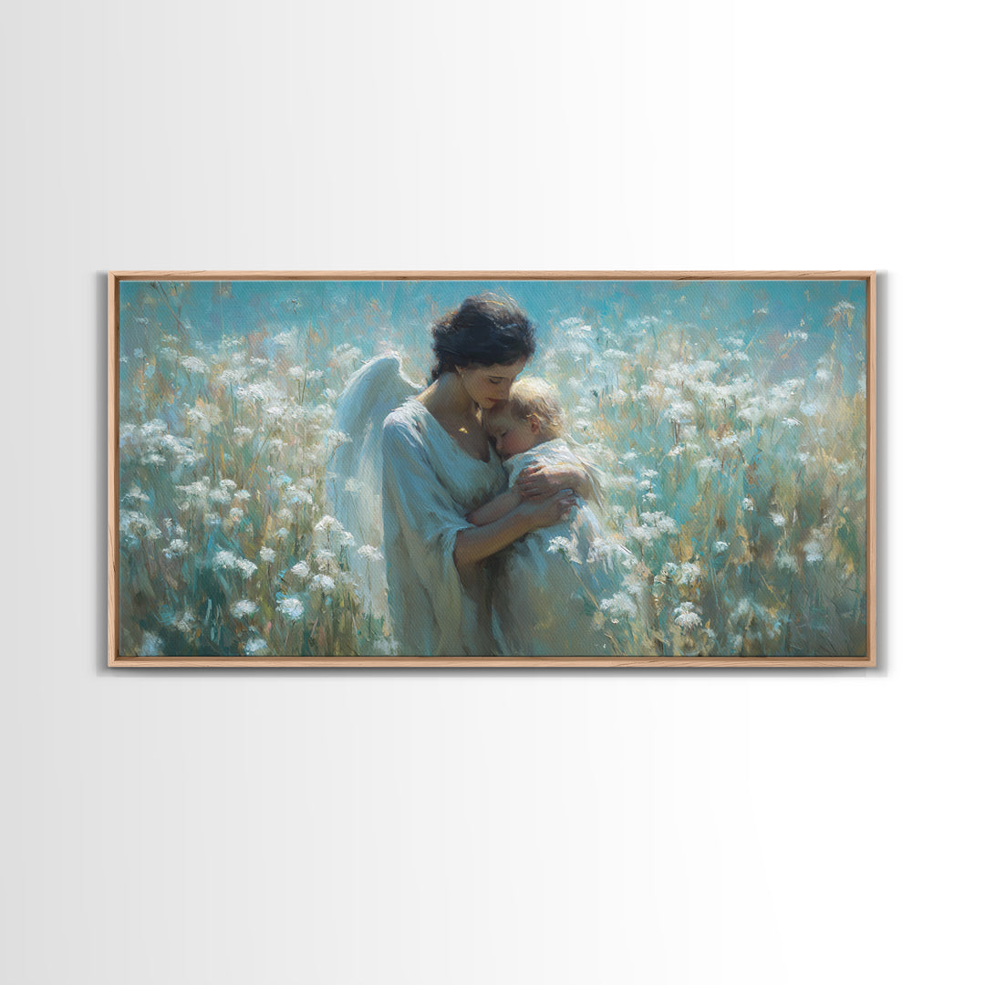 Serene Angel Cradling Blonde Baby In Blue Wildflower Field Framed Canvas Print, Christian Wall Art, Nursery Home Decor Gift