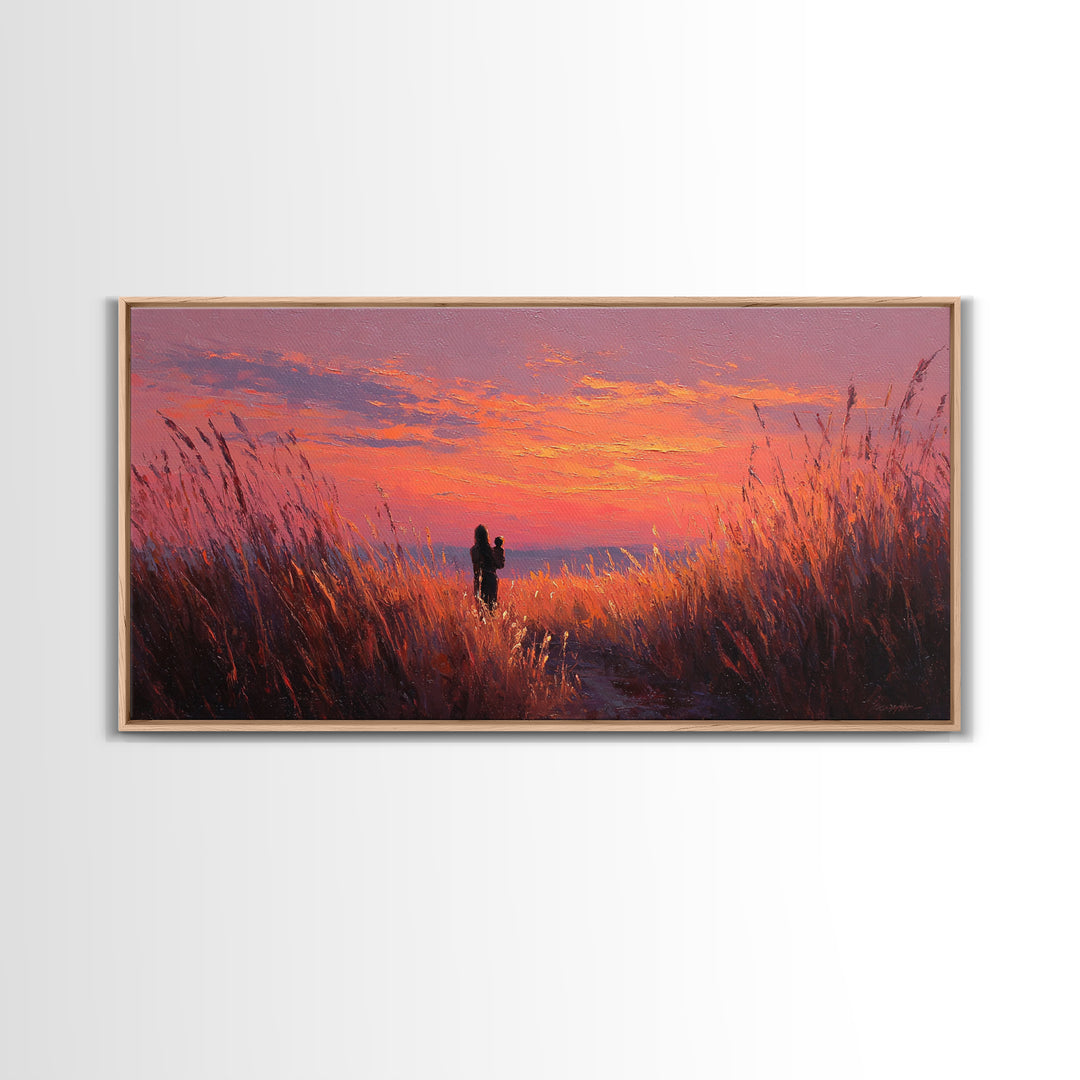 Mother And Child Sunset Grasslands Canvas Print, Romantic Landscape Wall Art, Warm Coastal Decor, Nursery, New Home Gift For Her